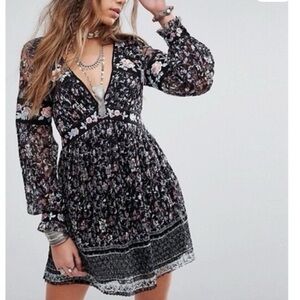 Free People Cherry Blossom Boho Black Long Sleeve Dress